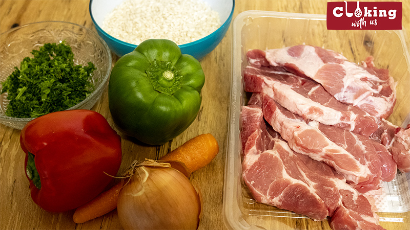 One pot meal – pork shoulder steak, rice and vegetables