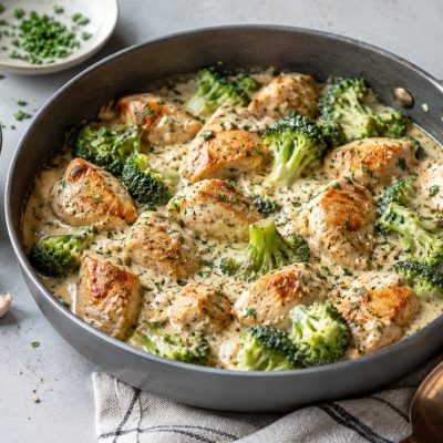 Creamy garlic chicken and broccoli skillet with golden chicken pieces in a rich garlic cream sauce
