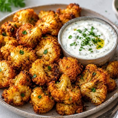 Crispy air fryer cauliflower bites served with garlic yogurt dip