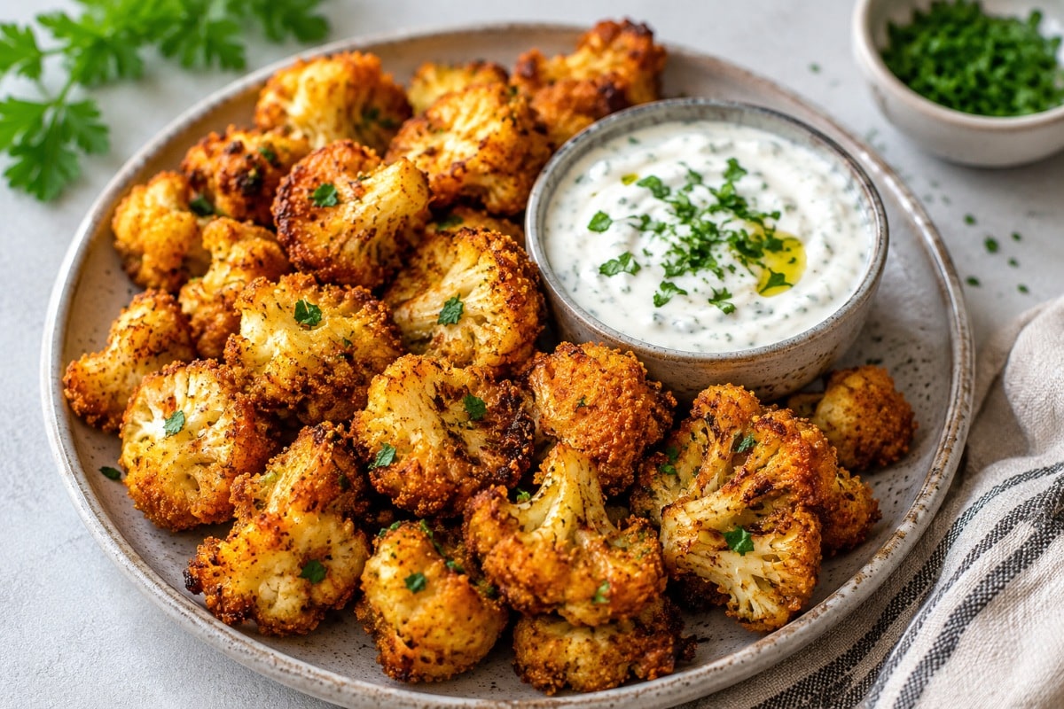 Crispy Air Fryer Cauliflower Bites with Garlic Yogurt Dip