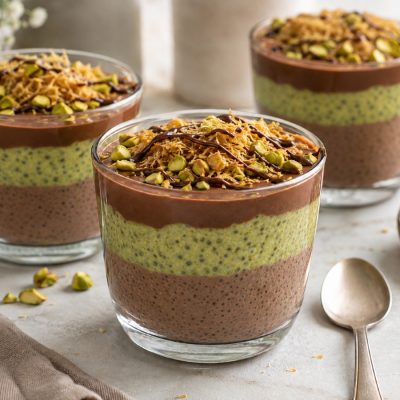 Dubai chocolate pistachio chia pudding cups with kataifi and chopped pistachios