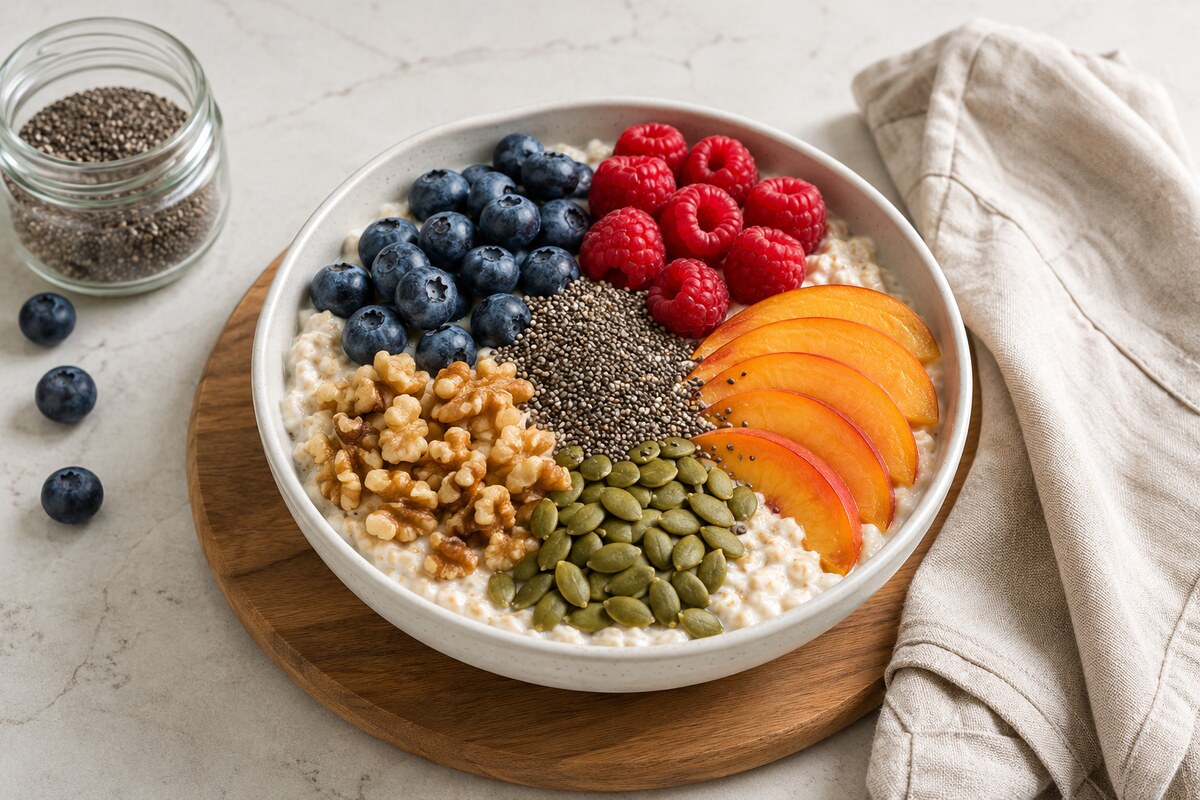 High-fibre overnight oats with berries, chia seeds, walnuts, pumpkin seeds and peach