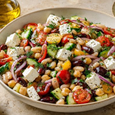 Mediterranean dense bean salad with feta, chickpeas and fresh vegetables