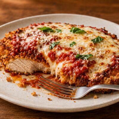 Crispy Chicken Parmesan with tomato sauce, melted mozzarella and a used fork on the plate