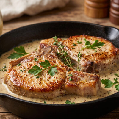 Two bone-in pork chops in creamy Dijon mustard sauce in a cast-iron skillet