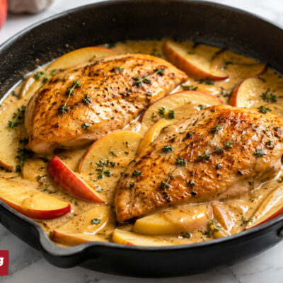 Creamy apple cider chicken skillet with fresh apple wedges and thyme