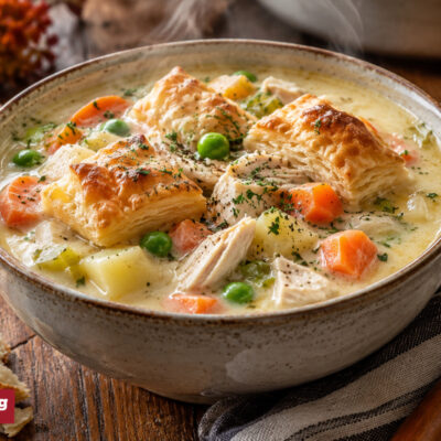 Creamy chicken pot pie soup with chicken, vegetables and puff pastry