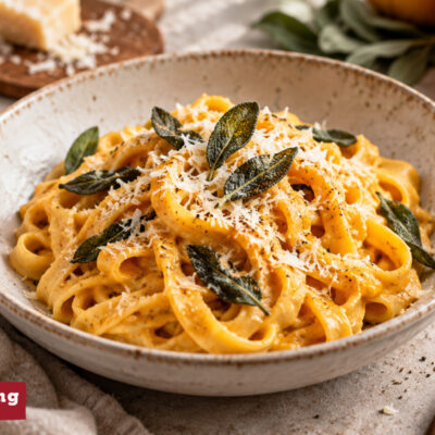 Creamy pumpkin pasta with crispy sage and grated Parmesan