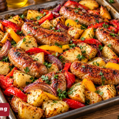 Sheet pan sausage with roasted peppers, potatoes and red onion